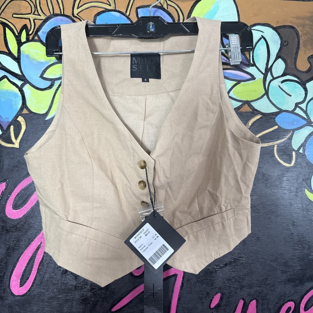 Mina Self Cotton Viscose Vest, Small, Tan